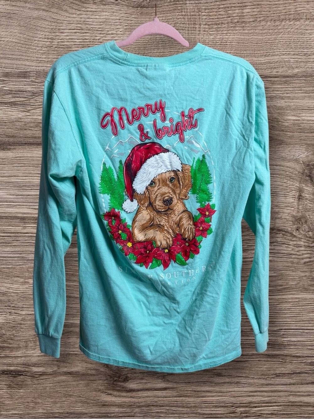Simply Southern long sleeve dachshund Christmas shirt, blue. Medium.
